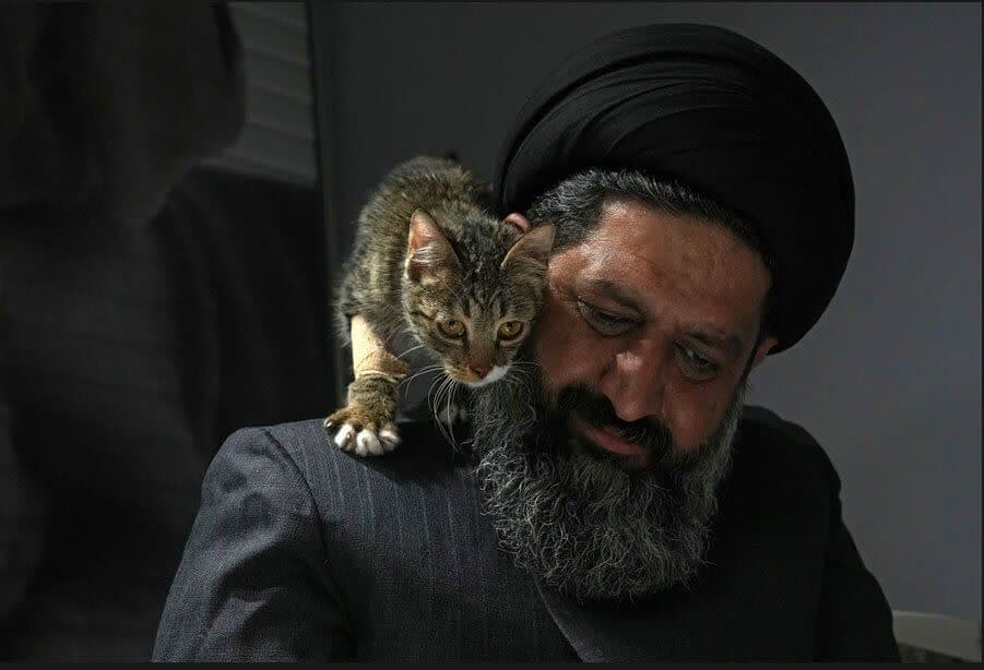 گربه زخمی بر شانه روحانی ایرانی حامی حیوانات